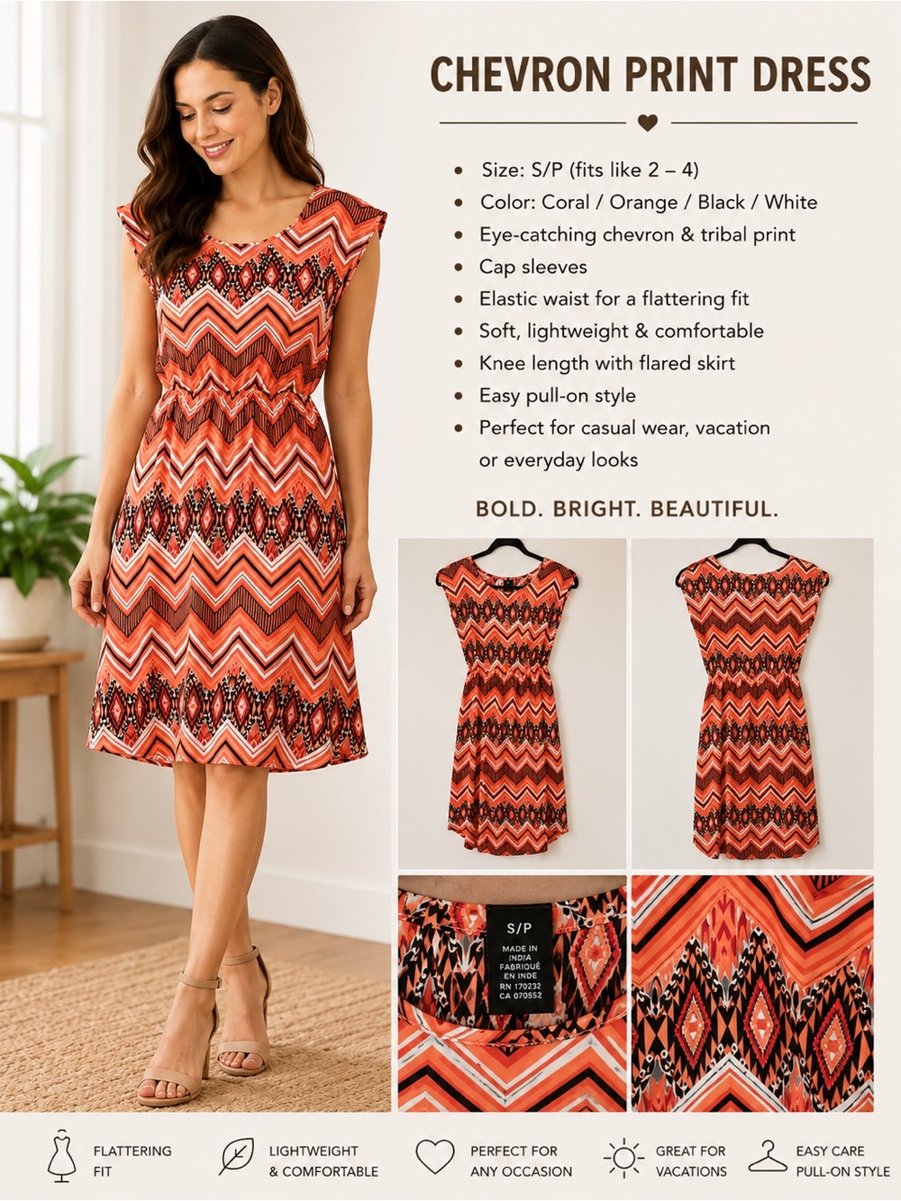 Chevron Print Coral Orange Knee-Length Dress